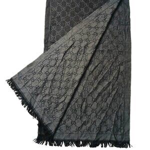 Gucci Charcoal Grey & Silver Reversible GG Logo Print Shawl Wrap Vintage Pre-Own